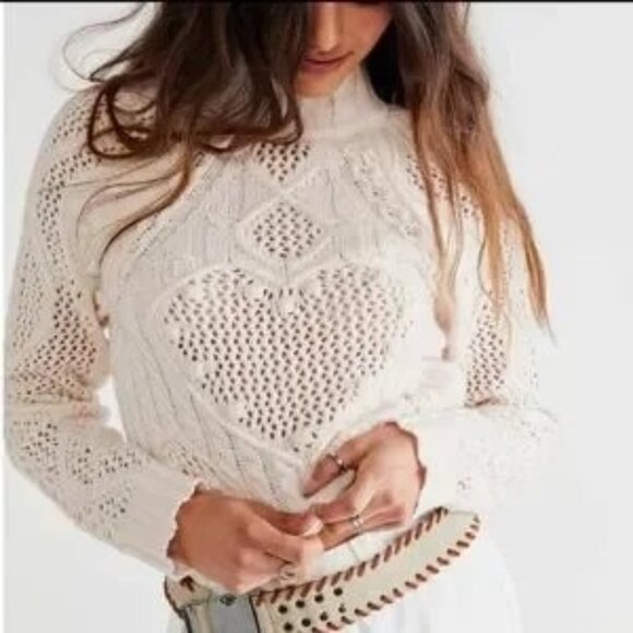 Free People Cozy Cream Cable-Knit Mock Neck Heart Sweater - Picture 4 of 15